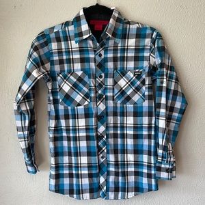 Montage boys size M long sleeve button down cotton-Poly blue plaid shirt